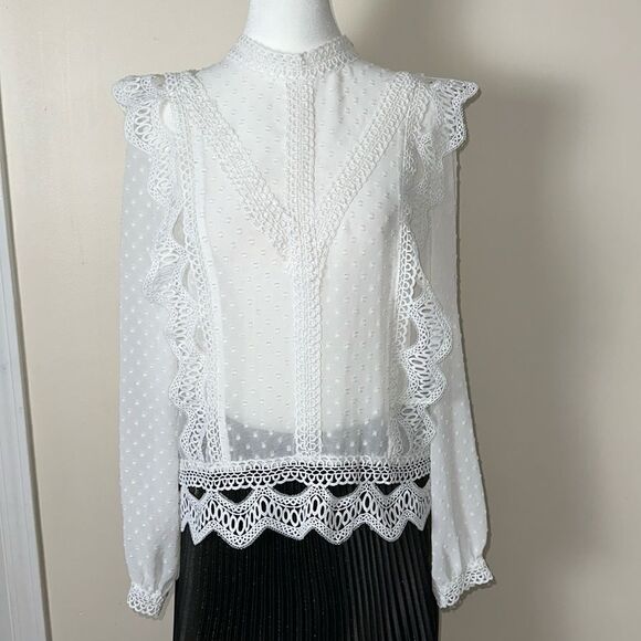 Endless Rose M MockNeck Chiffon Swiss Dot Lace Crochet Long Sleeve Sheer Blouse - Picture 1 of 11